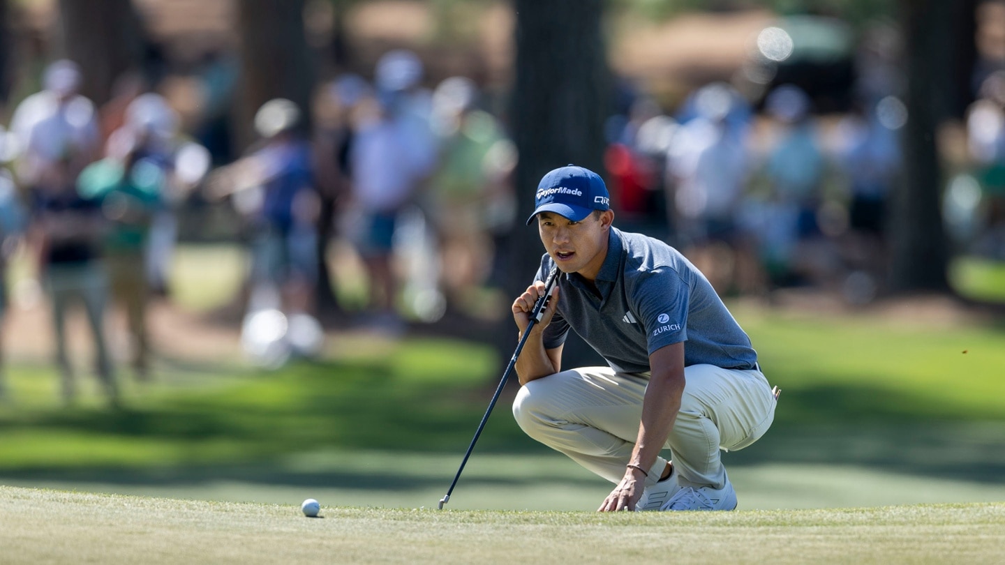 Collin Morikawa lines up a putt on No. 9 green during the final round of the 2024 Masters.