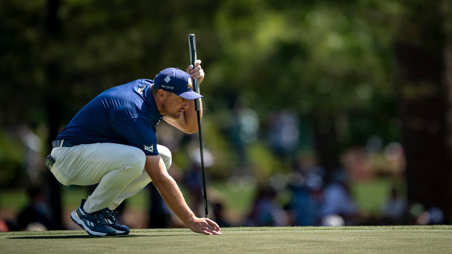 Bryson DeChambeau of the United States lines up a putt on No. 3 green during the final round of the 2025 Masters.