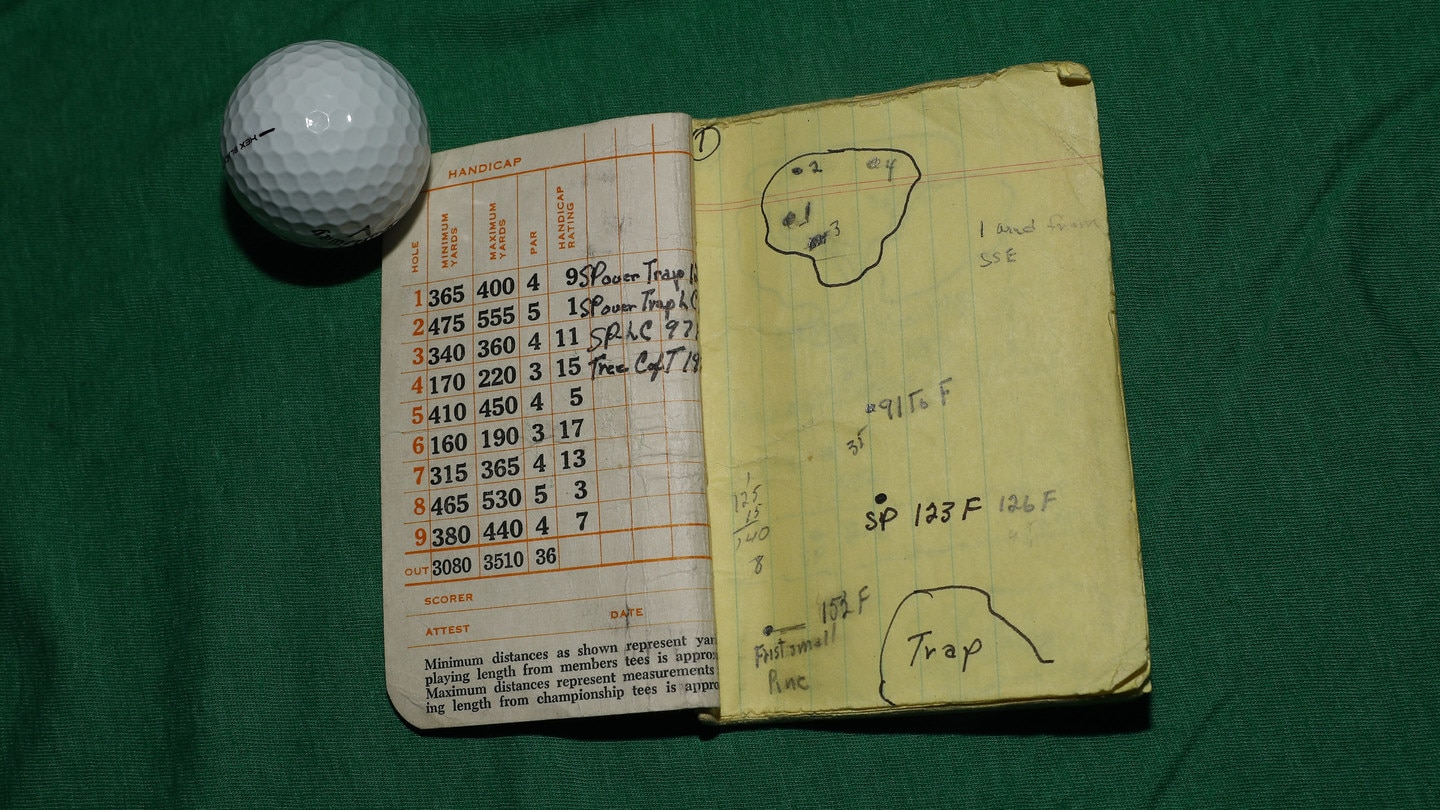 Arnold Palmer's rendering of No. 1 in his handmade Masters yardage book, which is made from an Augusta National scorecard and legal paper.