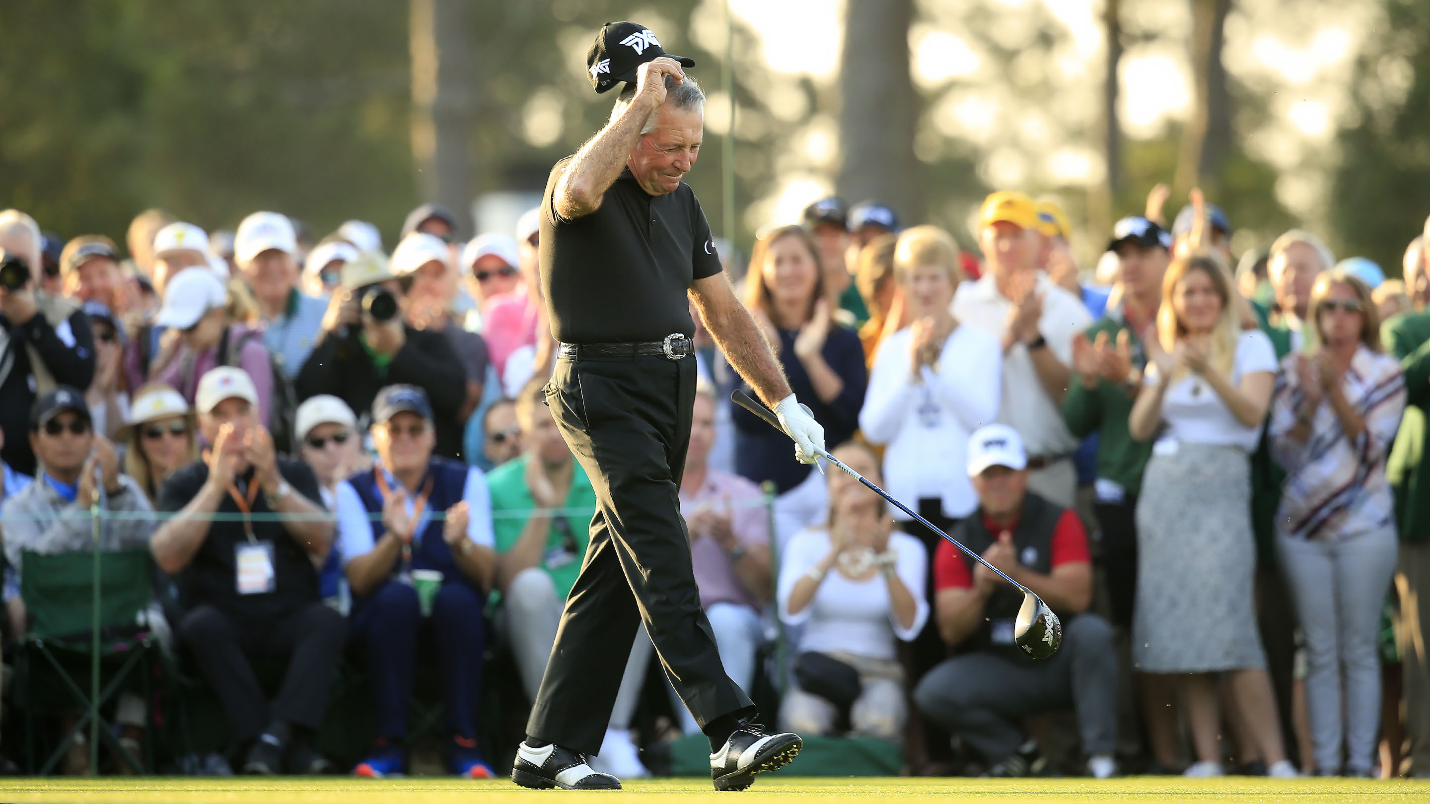 Honorary Starter and Masters champion Gary Player of South Africa acknowledges Masters patronsat Honorary Starter and Masters champion Gary Player of South Africa acknowledges Masters patronsat