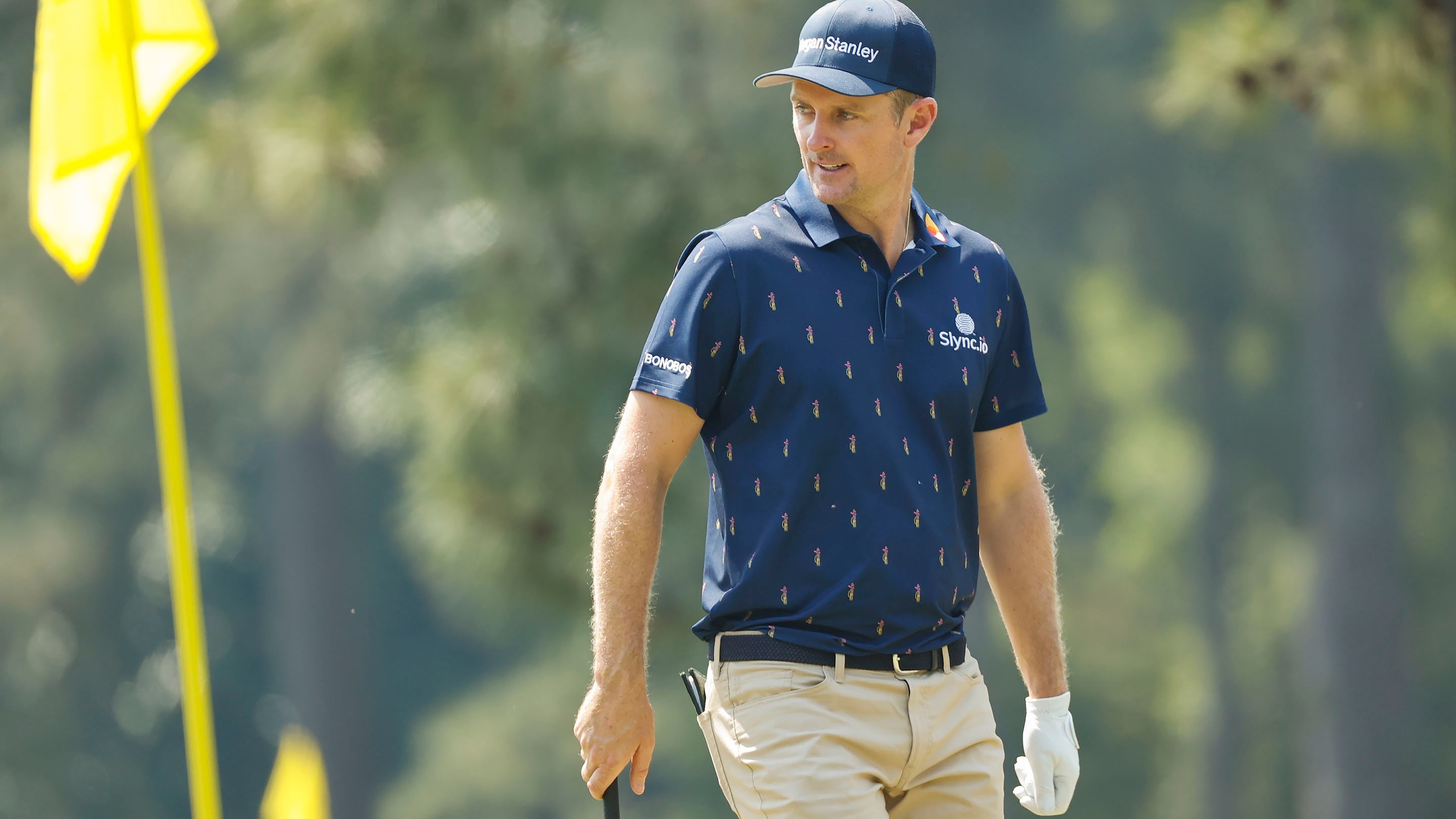 Justin Rose studies the green at No. 1 during Wednesday's Practice Round at the 2021 Masters.