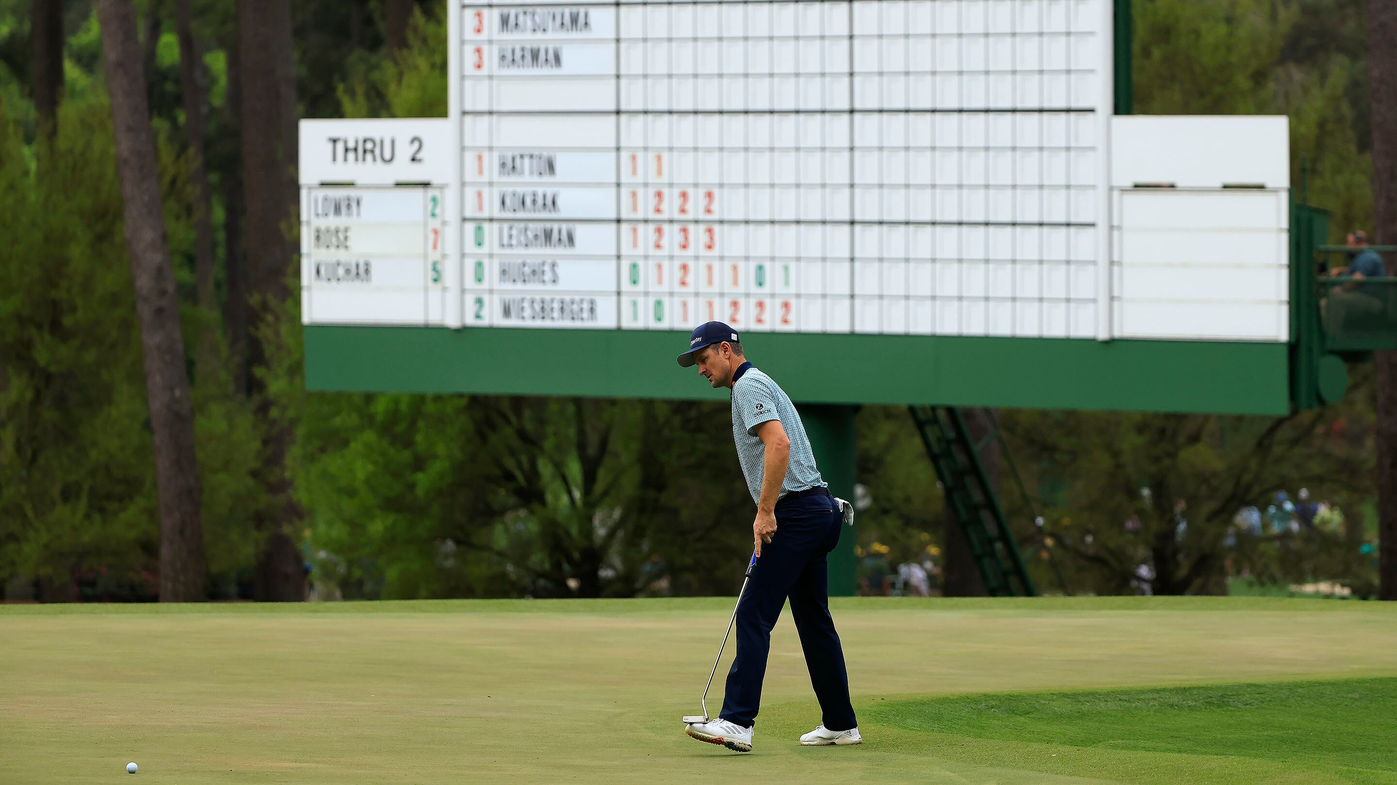 Justin Rose of England on No. 3 during Round 2 of the Masters at Augusta National Golf Club