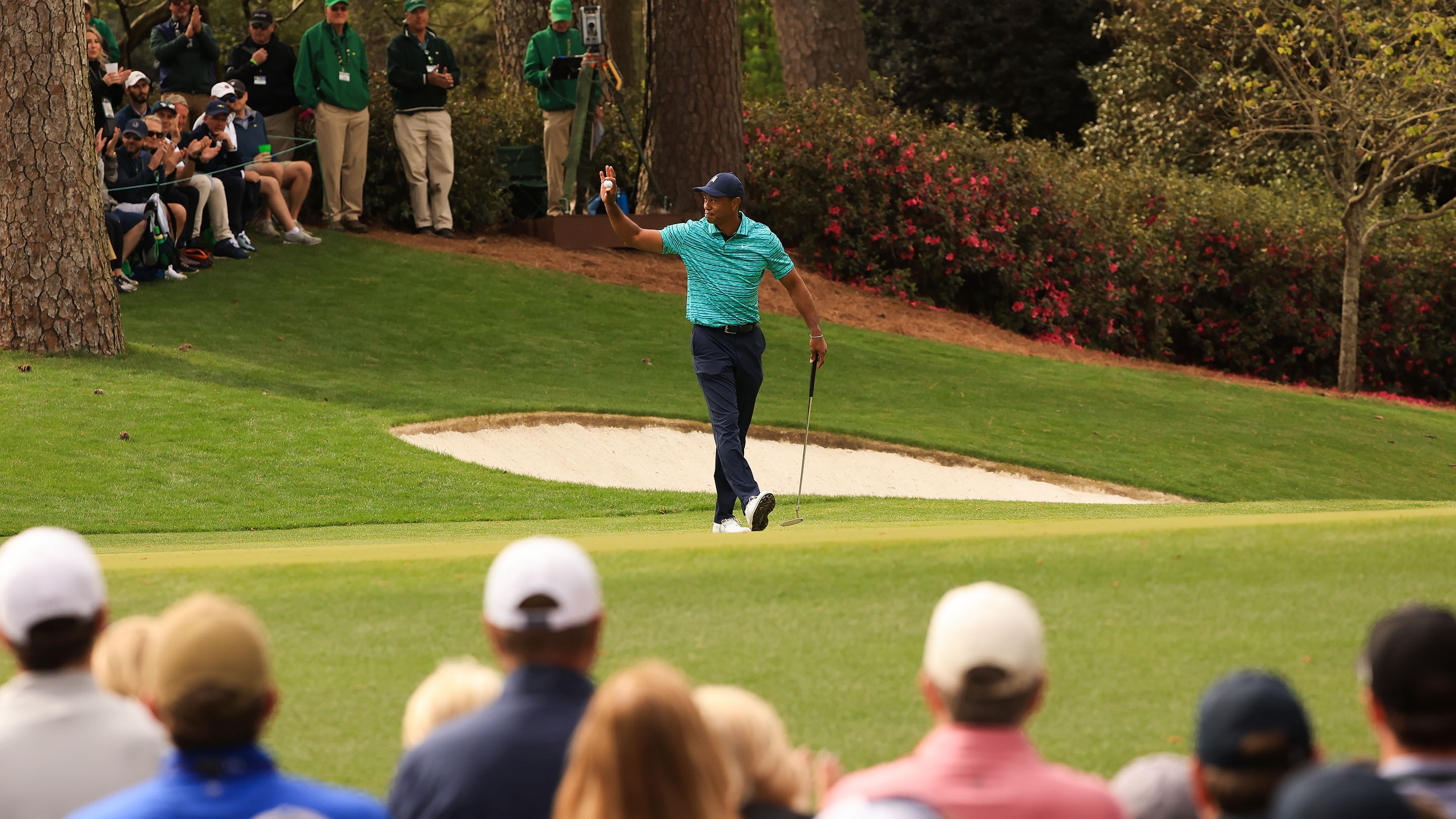 Masters Champion Tiger Woods Reacts After A Birdie On No 10 During The 